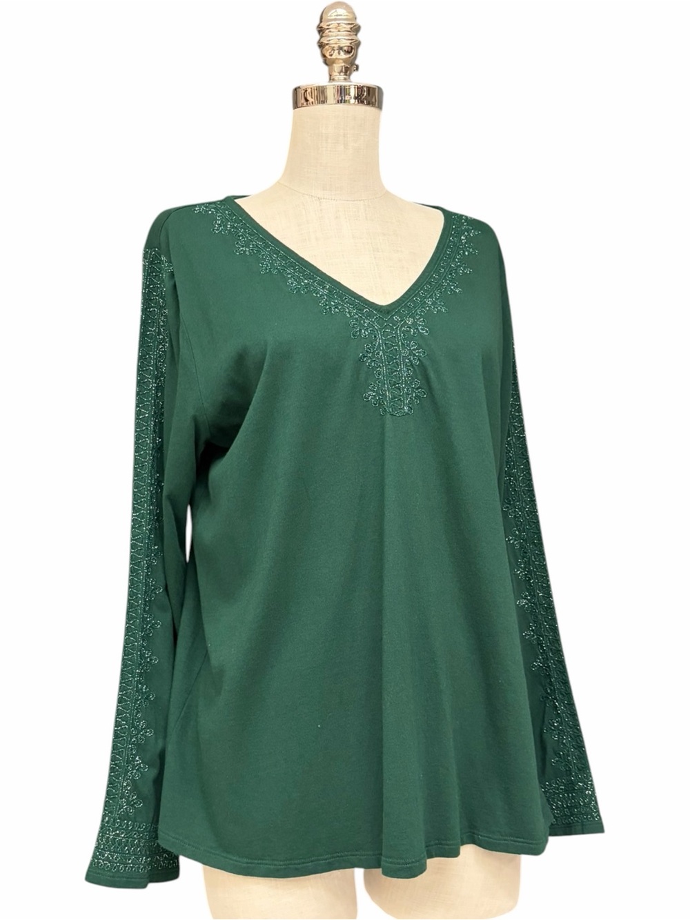 J. Jill Green Beaded Embroidered Long Sleeve Tunic Top Large